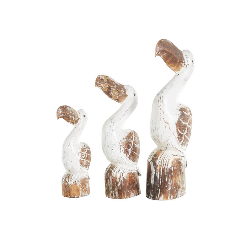 White Wood Handmade Distressed Pelican Decorative Sculpture with Brown Accents (Set of 3)