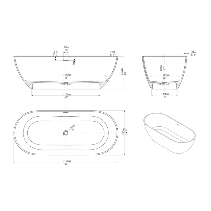 60"/69" Solid Surface Freestanding Bathtub in Matte White with Drain