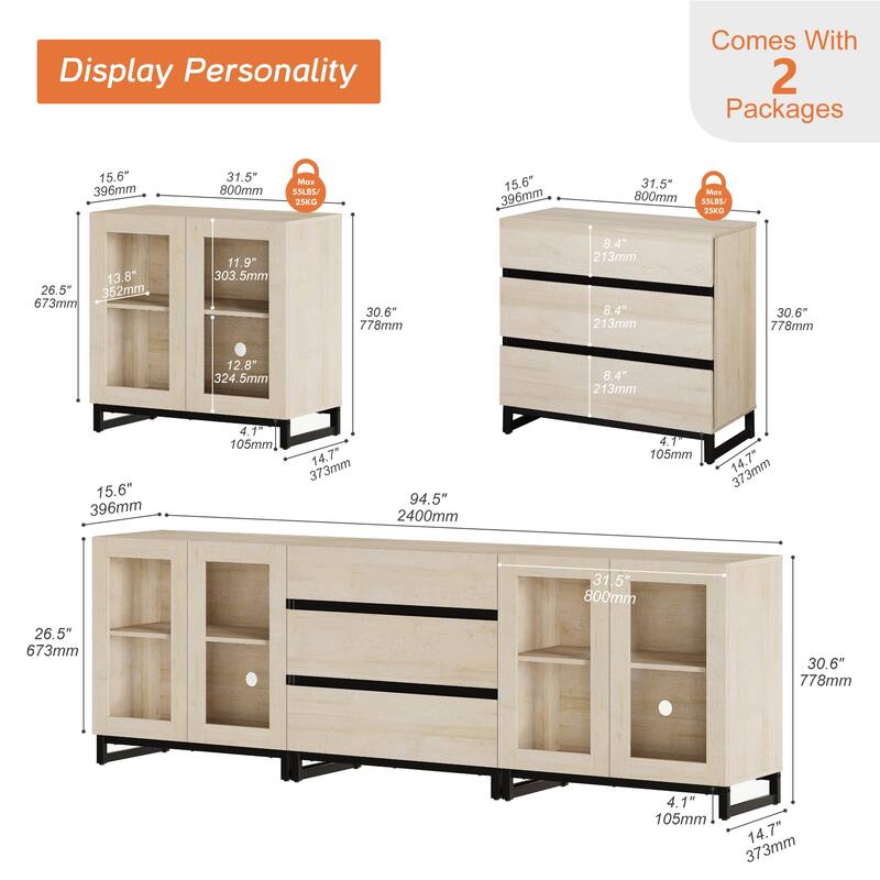 WAMPAT 3 in 1 Modern Sideboard with Glass Doors and 3 Drawers, Coffee Bar Cabinet for Kitchen
