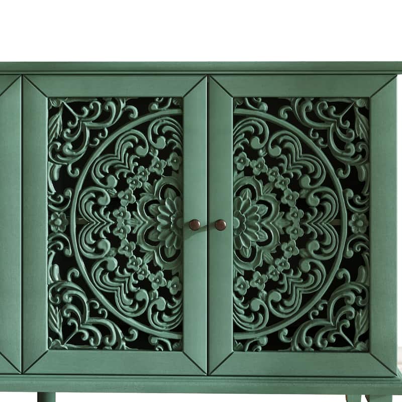 60" Antique Buffet Cabinet with Floral Carvings with Solid Wood Legs&Antique Brass Handles&Adjustable Shelves, TV Stand