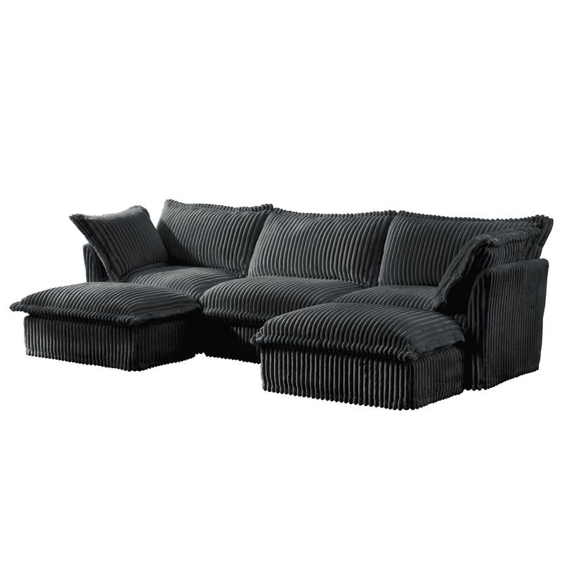 Slipcovered U-Shape 3-Seater Corduroy Sectional Deep Seat Sofa Couch