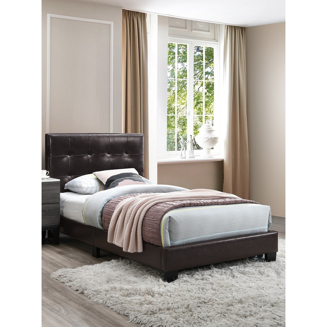 1pc Twin Size Bed Set Fully Upholstered Tapered Legs Brown Finish