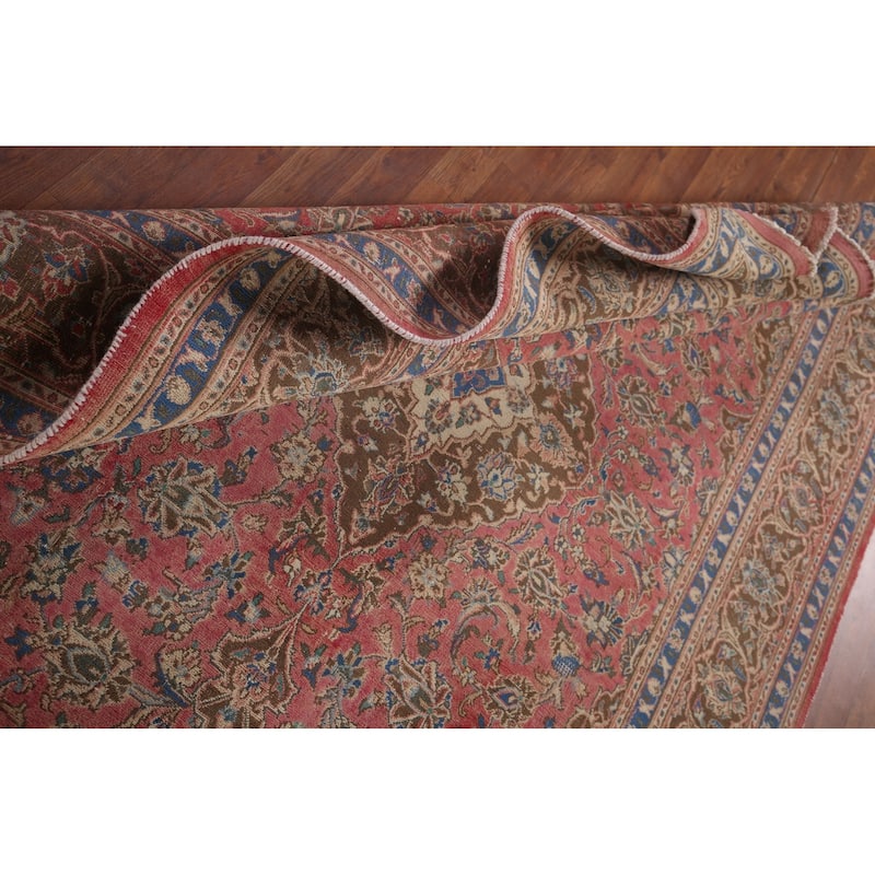 Distressed Pink Mashad Persian Vintage Rug Handmade Wool Carpet - 6'5"x 9'5"