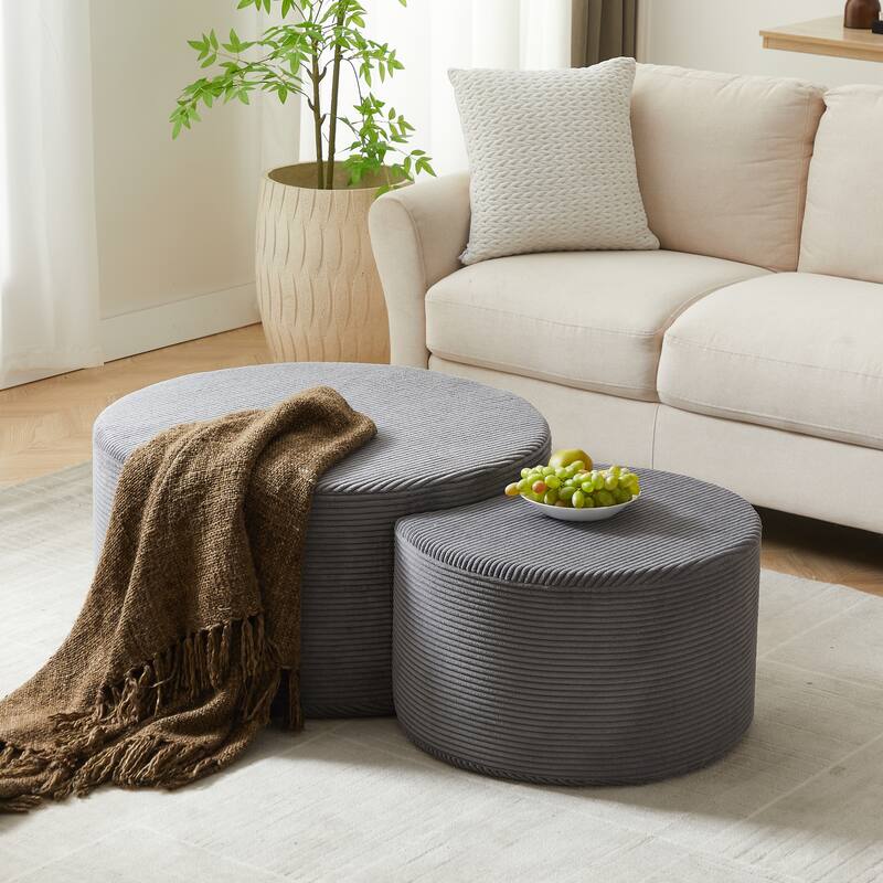 Nesting Coffee Table Set Of 2,Upholstered,Foam Round Coffee Table Side Table End Table Ottoman, No Assembly