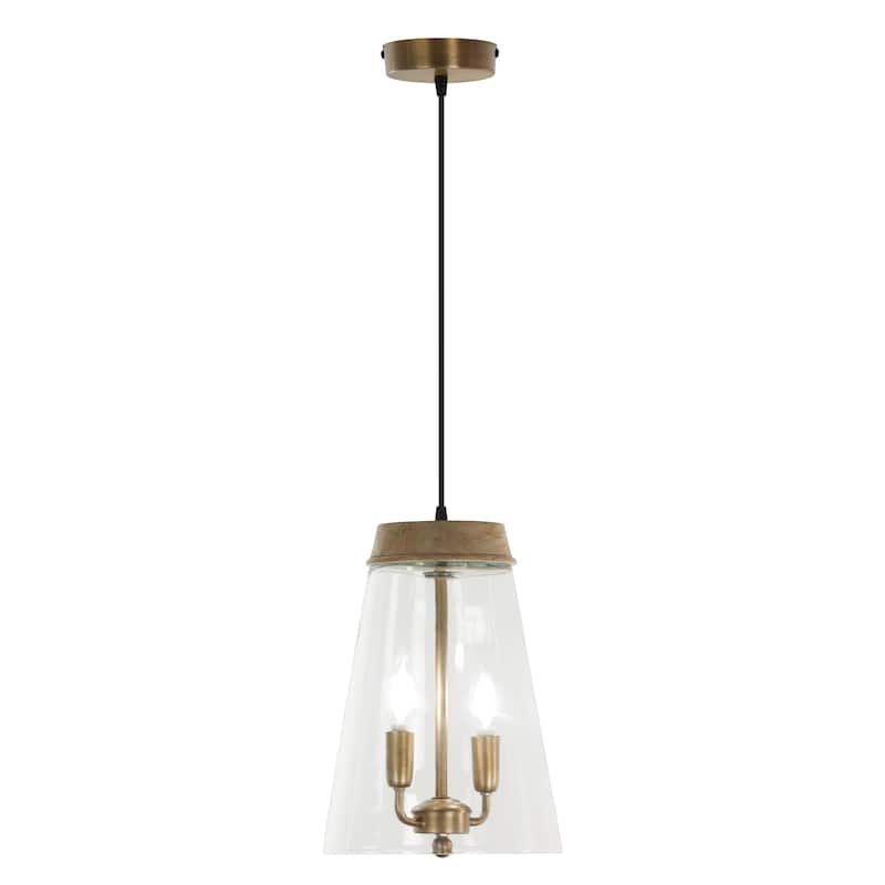 Kian River of Goods Gold and Clear Metal, Glass, and Mango Wood Pendant Light with Adjustable Hanging Cord - 9.75" x 9.75" x 13.5/78.5" - Gold/Clear/Brown