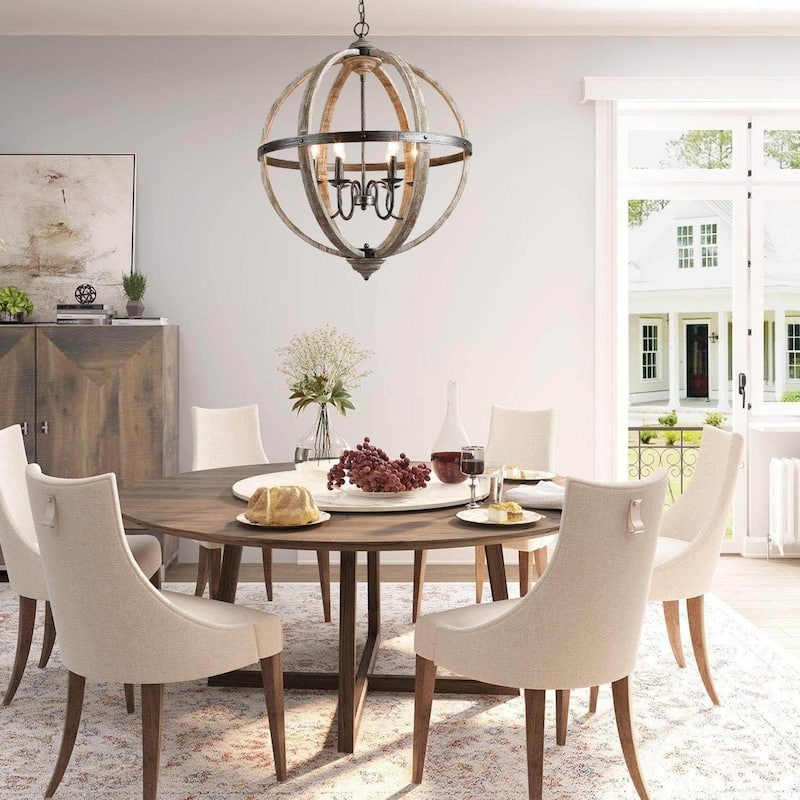 Clovy Farmhouse 6-Light Wood Globe Chandelier for Living Room - D27.2"xH34.5"