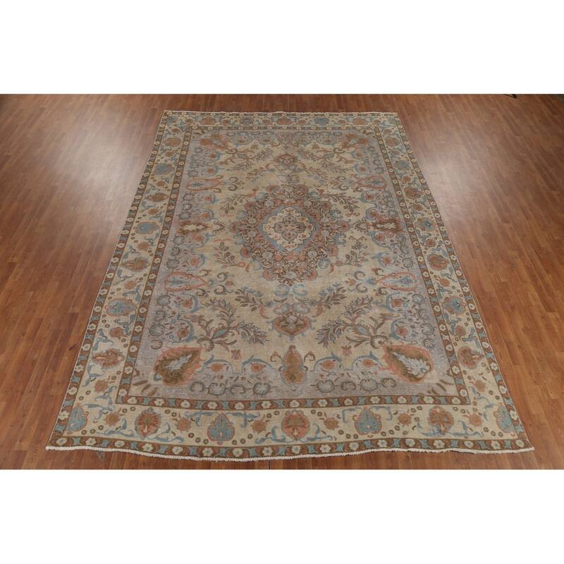 Distressed Floral Tabriz Persian Vintage Area Rug Handmade Wool Carpet - 9'4"x 12'10"