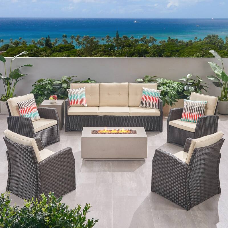 Sanger Outdoor 7 Seater Wicker Chat Set with Light Weight Concrete Fire Pit by Christopher Knight Home - Dark Brown + Beige Cushion + Light Gray