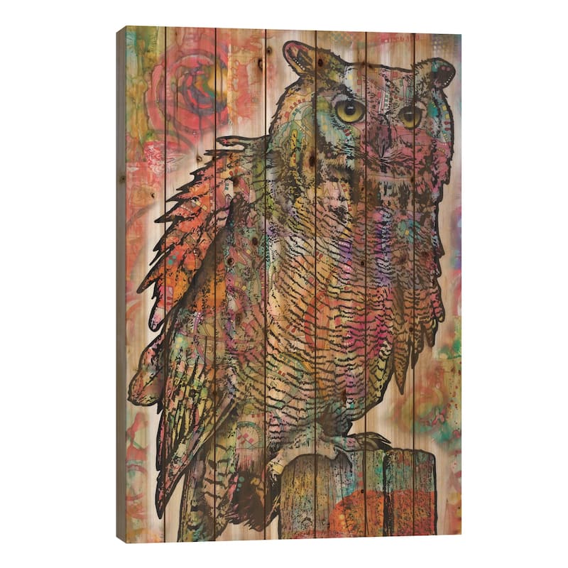 Owl Perch Print On Wood by Dean Russo - Multi-Color - 40x26x1.5