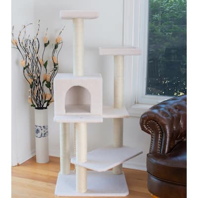 Ivory 57" High Real Wood Cat Tree, Fleece Covered Cat Climber
