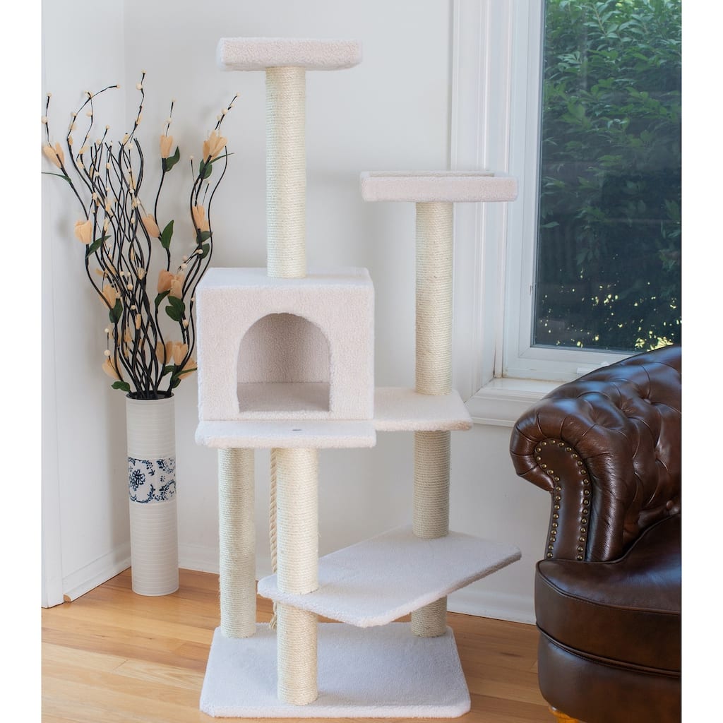 Ivory 57" High Real Wood Cat Tree, Fleece Covered Cat Climber