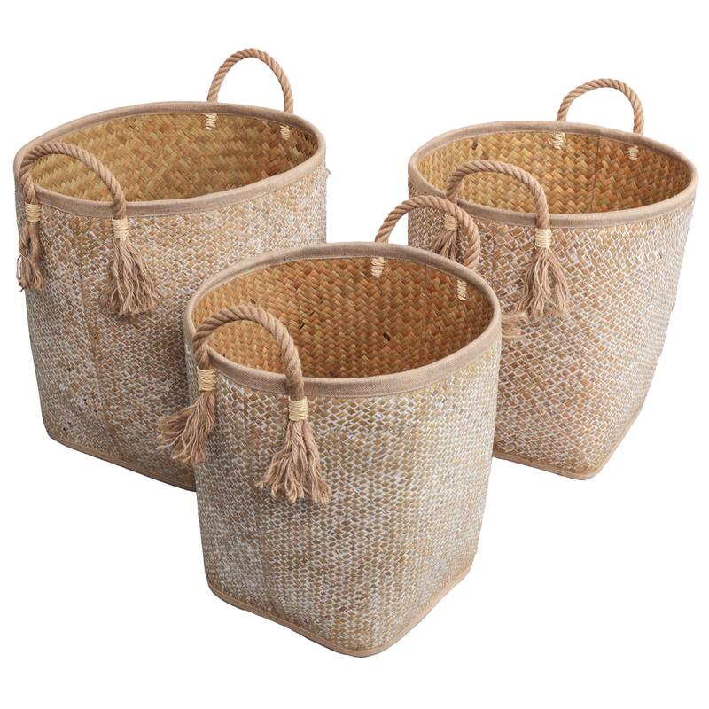 Celia Handwoven Palm Leaf Nesting Storage Baskets with Rope Handles (Set of 3) - Natural White