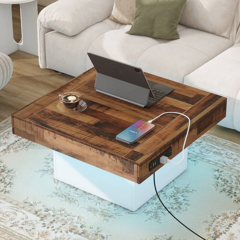 Farmhouse Coffee Table with 2 USB Ports and Outlets, Brown Spliced Wood Grain Center Table with LED Light - White