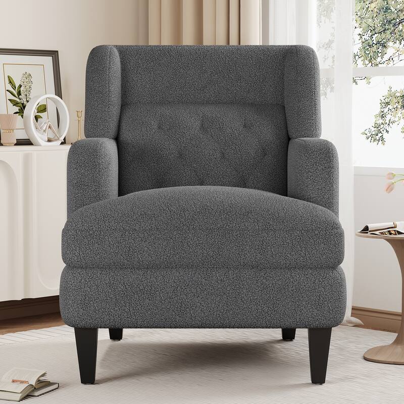 Teddy Fleece Fabric Upholstered Accent Chair, Ergonomic Living Room Club Chair, Lounge Armchair with Tufted Back & Solid Legs