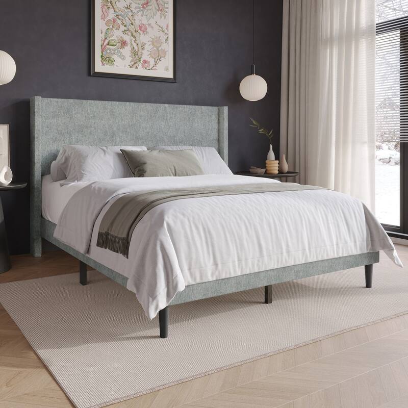 Clayfell Bangor Upholstered Wingback Platform Bed, Linen, No Box Spring Required