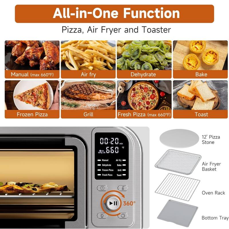 Kitchen Elite 8 in 1 Digital Air Fryer Toaster Convection Pizza Oven, Silver - 17.63