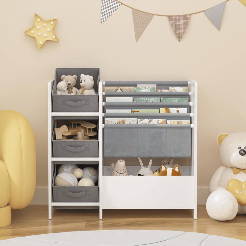 Multifunctional 4 Tier Kids Book Shelf with 3 Collapsible Fabric Drawers
