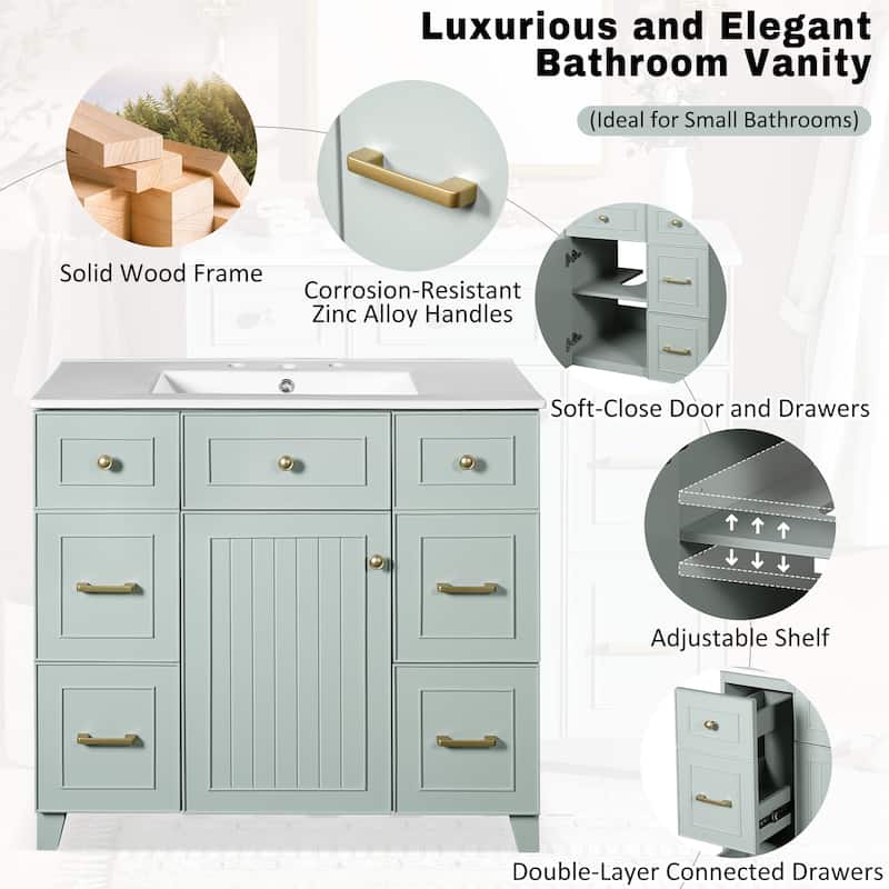 Modern 36" Bathroom Vanity with Ceramic Sink, Soft-Close Doors, 4 Drawers & Adjustable Storage Shelf in Green