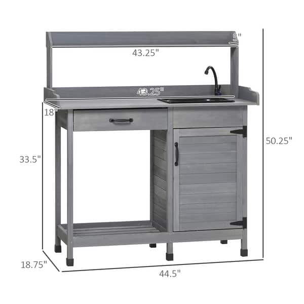 dimension image slide 0 of 3, Outsunny Potting Bench Table with Faucet, Sink, Hooks and Storage Cabinet, Outdoor Prep Table Gardening Bench