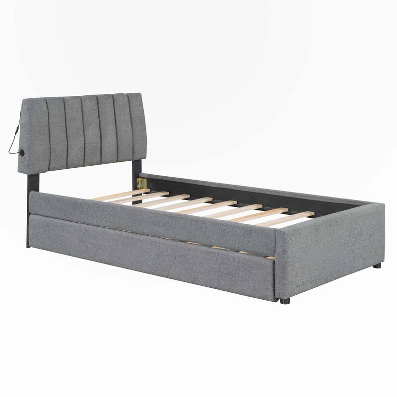 Upholstered Platform Bed with Trundle Teddy Fleece Fabric