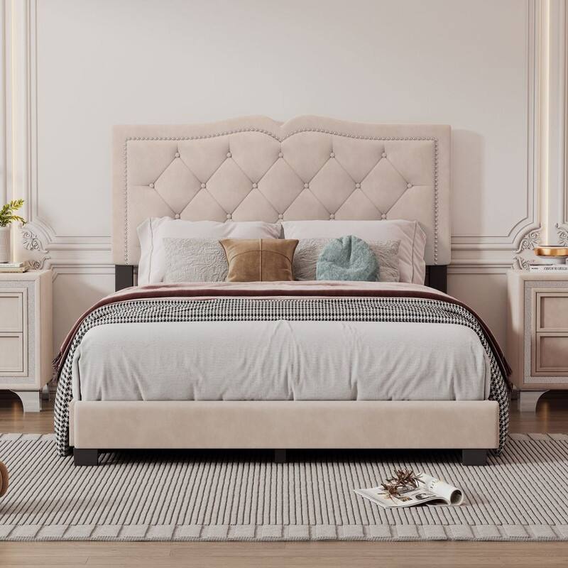 Velvet Upholstered Platform Bed with Tufted Headboard