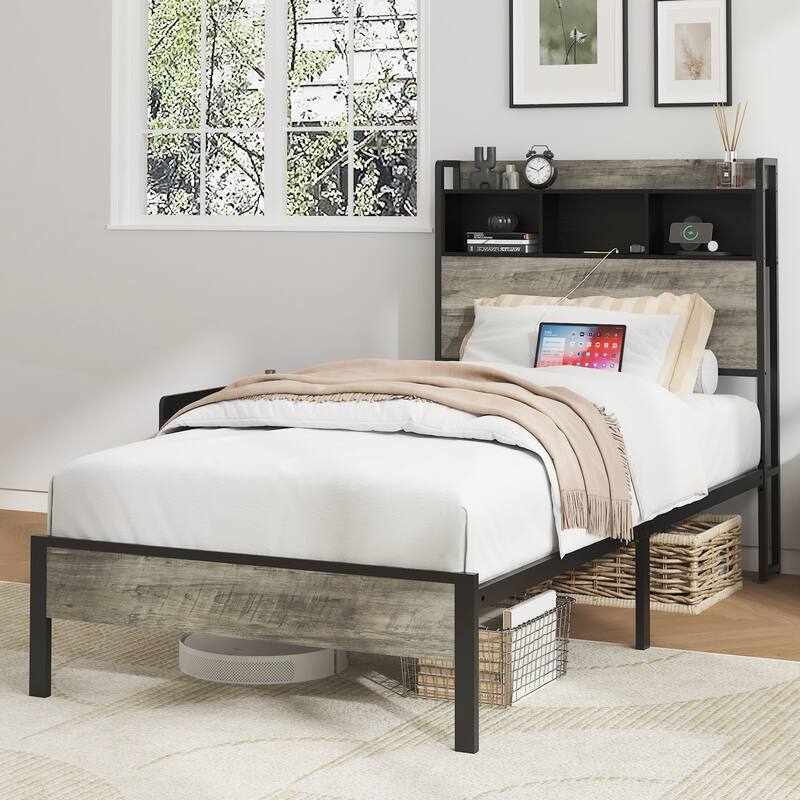 Single Bed Frame with Storage Headboard and Charging Station