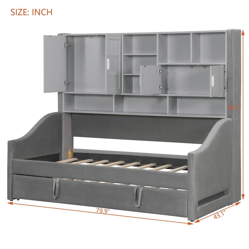 Twin Size Upholstered Daybed Sofa Bed with All-in-one Bookcase Storage Cabinets Shelves, Pull-out Lift-up Trundle, Arm Lights