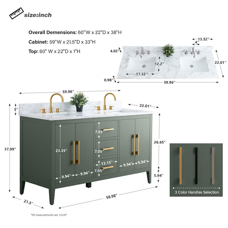 Vanity Art 60" Double Sink Bathroom Vanity Cabinet with Engineered Marble Top