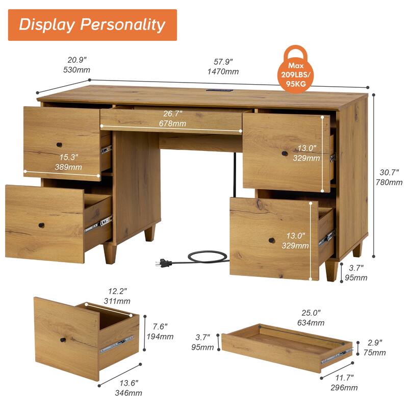 WAMPAT Executive Desk with 5 Drawers, 58 Inch Wide for Home Office