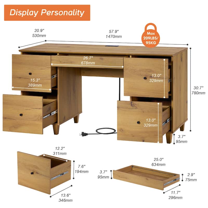 WAMPAT Home Office Furniture Set, 58" Executive Desk with Drawers, 3-Column 71" Tall Bookcase with Doors and Adjustable Shelves