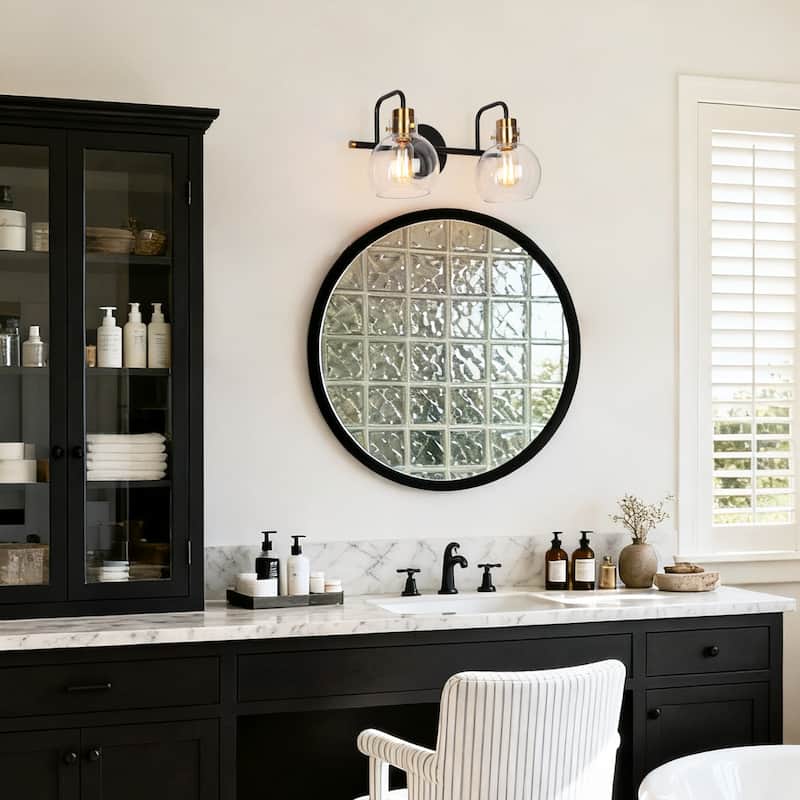 Modern 2-Light Black Gold Bathroom Vanity Light Wall Sconce with Clear Glass - 14.5" L x 8" W x 8.5" H