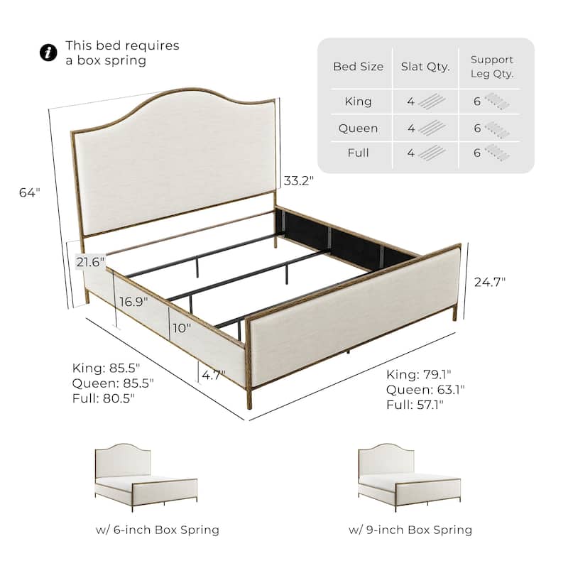 247 Shop At Home Lalia Modern 4-Piece Upholstered Hammered Metal Camelback Bedroom Set with 2 Nightstands