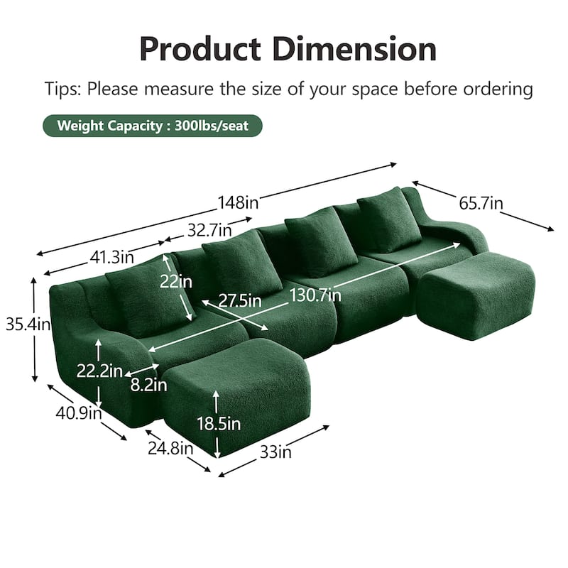 118" Modern U Shaped Modular Sectional Sofa, Boneless Couches for Living Room with Ottoman, 4 Seater Teddy Fabric Couch Sofa Set