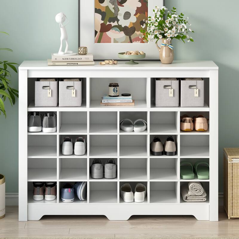 Contemporary Shoe Cabinet with 24 Cubbies & Extra Storage for Hallway or Bedroom - White