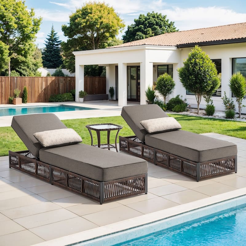 ArcoBay 3-Piece Brown Wicker Outdoor Patio Chaise Lounge with 5-Inch Thick Cushions and Side Table - Grey