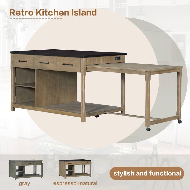 Extendable Kitchen Island with Storage, Multi-Functional Kitchen Cart with Built-In Power Outlets, Retro Kitchen Island