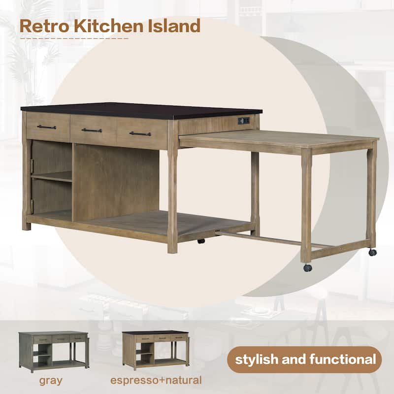 Extendable Kitchen Island with Storage & Open Shelves, Rolling Kitchen Island Cart with Built-In Power Outlets & Drawers