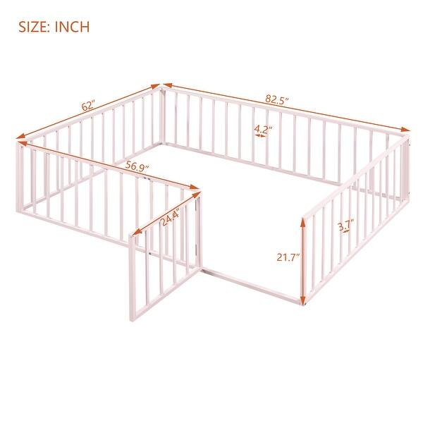 Pink Queen Size Floor Bed, Montessori Bed Frame w/ Fence-Shaped Guardrails and Door, Metal Floor Full Bed for Kids, Toddler