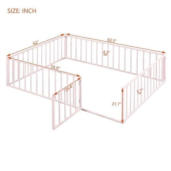 dimension image slide 2 of 3, Queen Size Metal Floor Bed Frame with Fence and Door for Kids, Boys and Girls, Bedroom