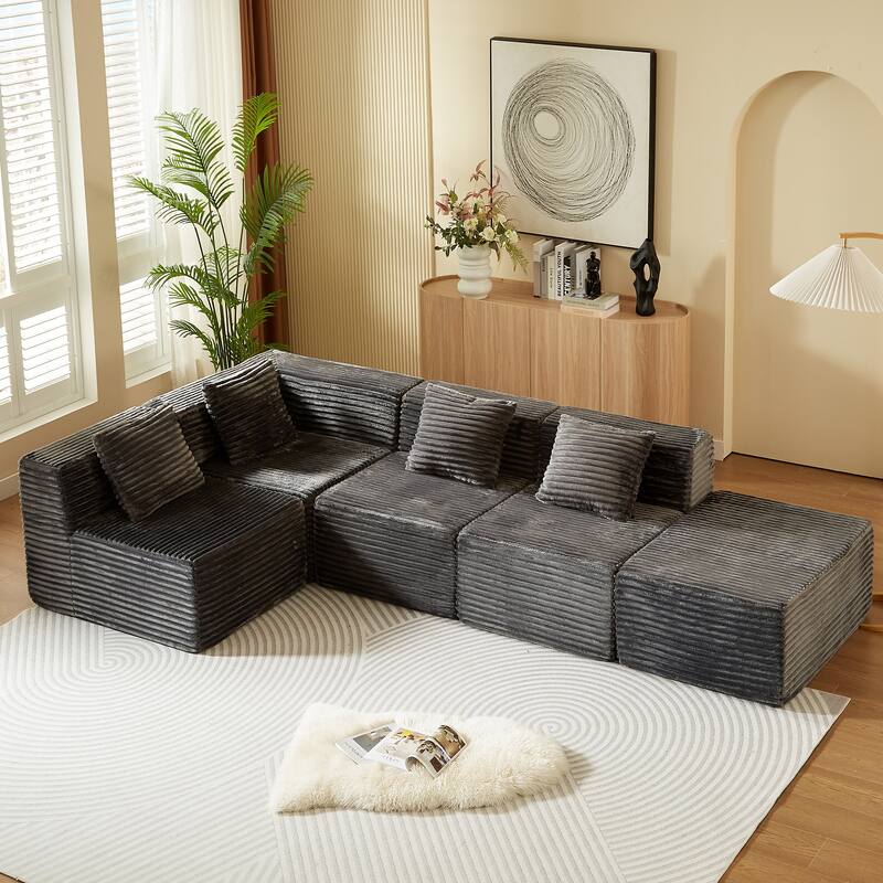Modular L-Shape Corduroy Sofa in Dark Gray, Easy Assembly