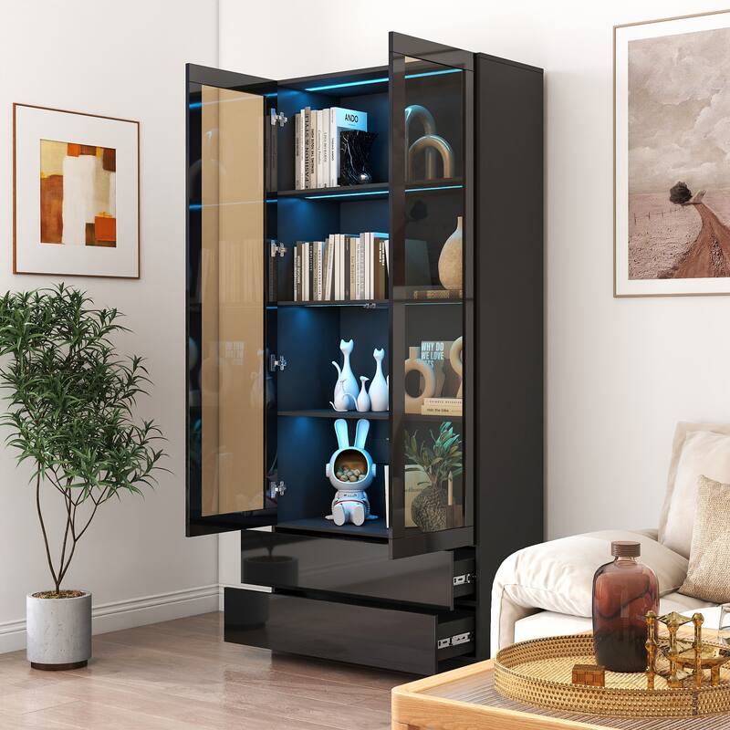GDF Studio - Poll Modern 70.87" Tall Display Cabinet with Glass Doors, LED Lights, and Drawers - 2-Drawer - Black