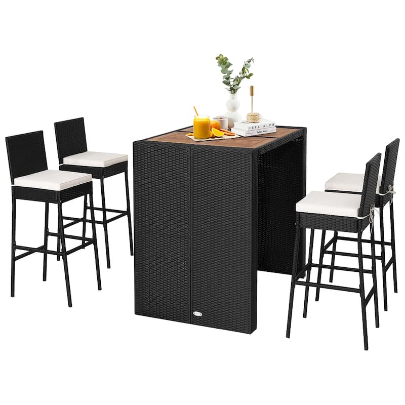Costway 5-Piece Patio PE Wicker Bar Set Outdoor Acacia Wood Dining - See Details