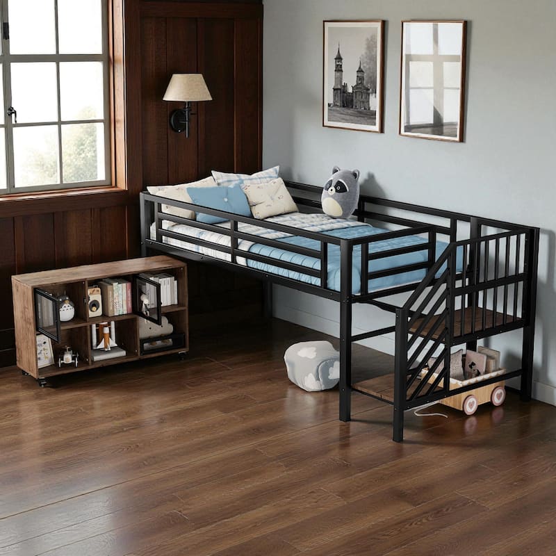 Low Twin Metal Loft Bed with Stairs and 6 Storage Cubbies, Space-Saving Kids Loft Bed Frame