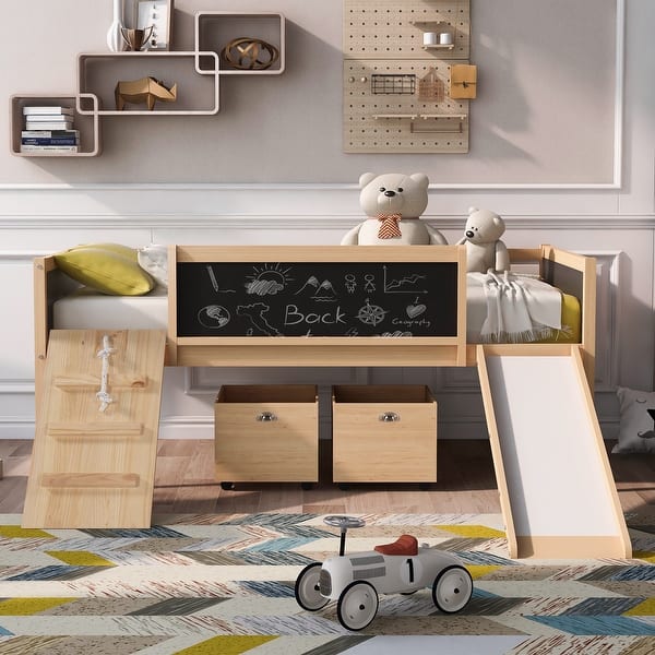 slide 2 of 19, Twin size Loft Bed Wood Bed with Blackboard and Boxes, Natural Natural