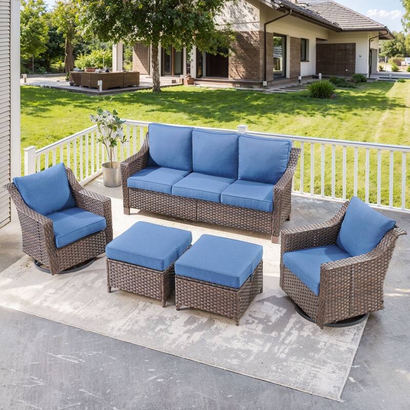 Outside Patio Sofa Chair Set with Cushions - Brwon Wicker Blue Cushion - 5PCS Sofa Swivel Chair with Ottoman
