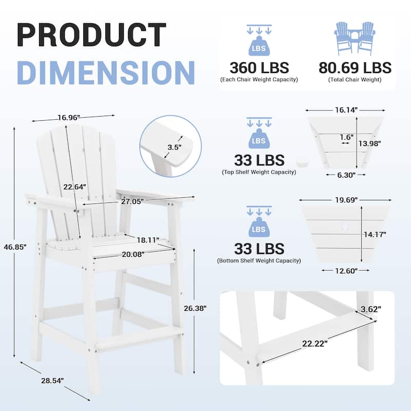 Outdoor Tall Adirondack Chair Set of 2 with Connecting Tray