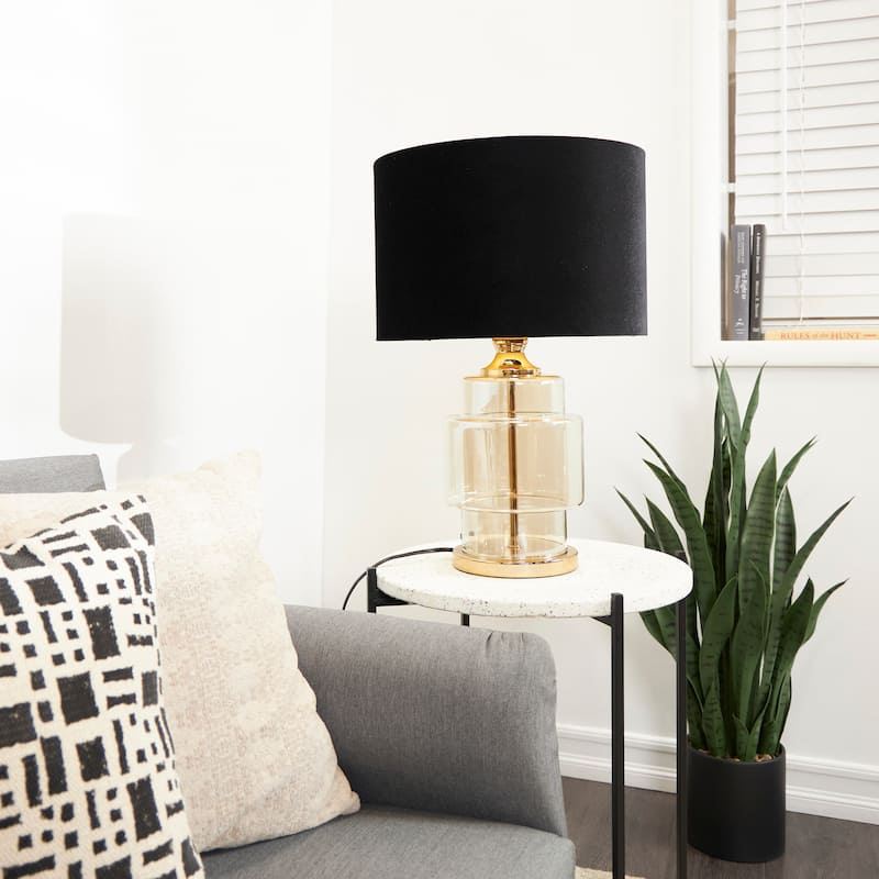 Gold Glass Transparent Base Room Table Lamp with Drum Shade - Gold