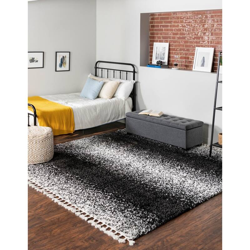 Shag Brico Collection Area Rug - 7'10" Square - Black-White