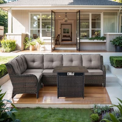 Outdoor Patio Sectional Sofa Couch with Fire Pit Table - Brown