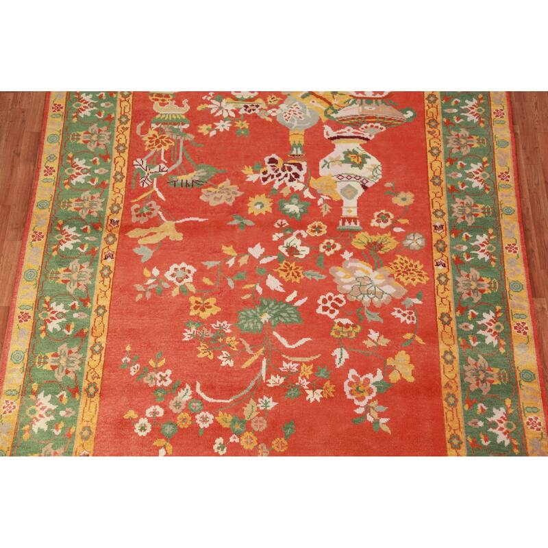 Floral Orange Art Deco Oriental Area Rug Handmade Wool Carpet - 7'10" x 10'0"